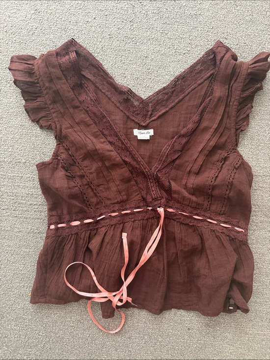 Kimchi Blue Tops - Kimchi Blue Rust Brown Lace-Trim V-Neck Tie-Front Blouse